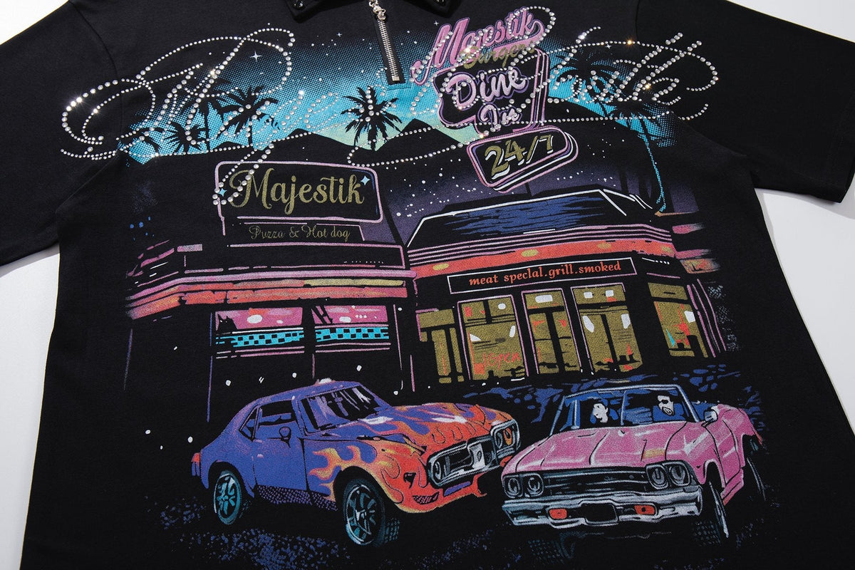 MAJESTIK Rhinestone Graphic Zip Polo Shirt